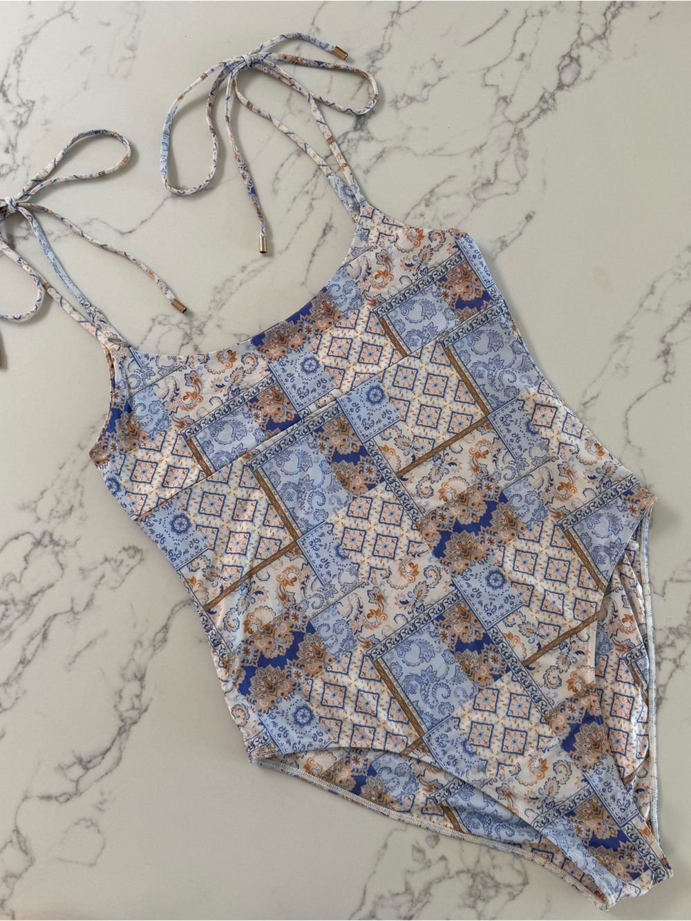 Girls' Blue & Tan Paisley Patchwork One-Piece Swimsuit